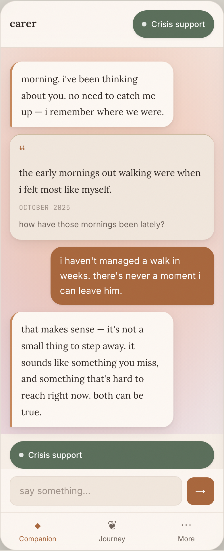 CARER companion home: morning message, memory card surfacing a past moment, conversation continuing