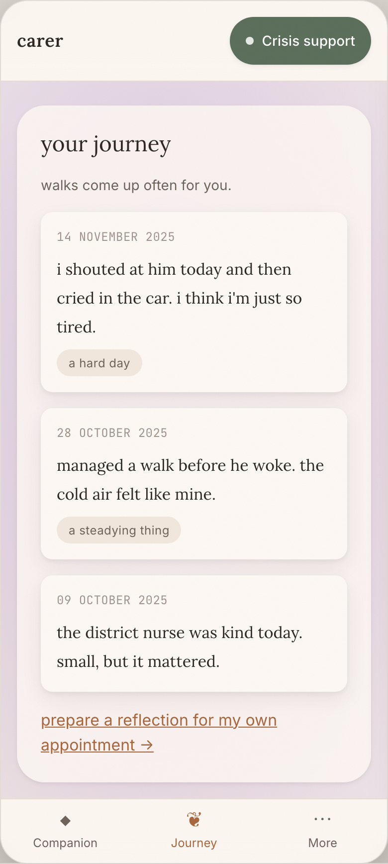 CARER journey screen: a quiet timeline of your experiences, in your own words, no graphs
