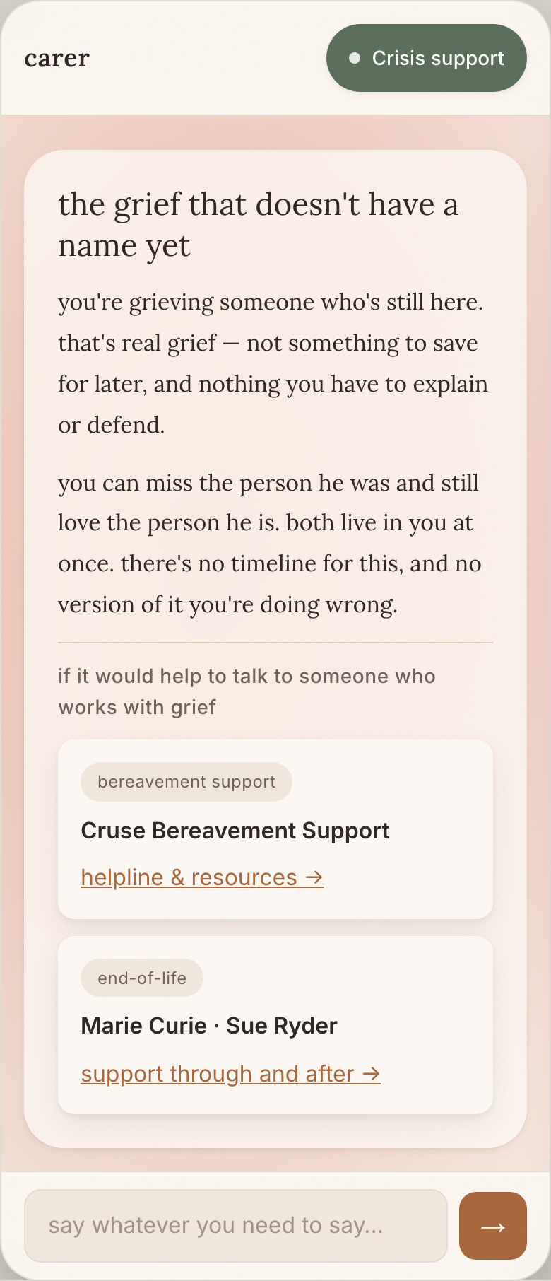 CARER grief space: holds anticipatory grief and ambiguous loss — the feelings with no finish line