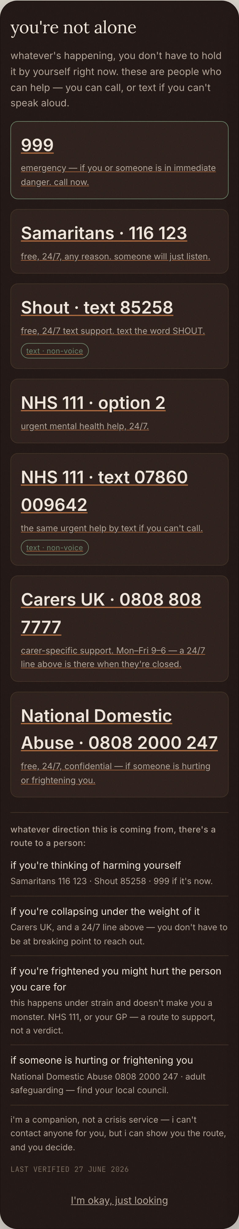 CARER crisis sheet: 'you're not alone' — free crisis support, always one tap away, works offline