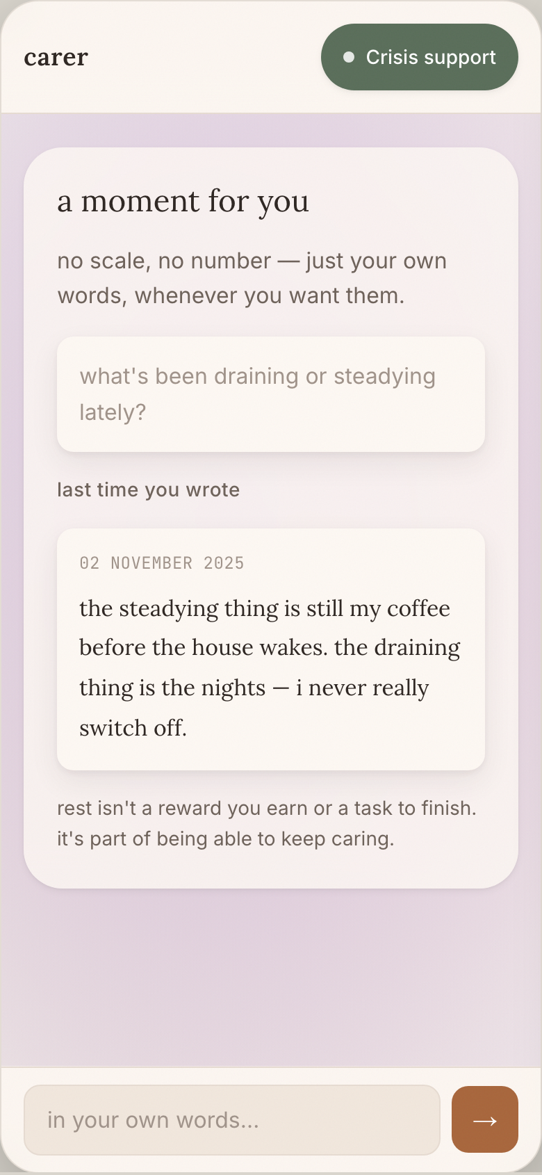 CARER reflection screen: 'a moment for you' — how resourced do you feel, held as a feeling not a score