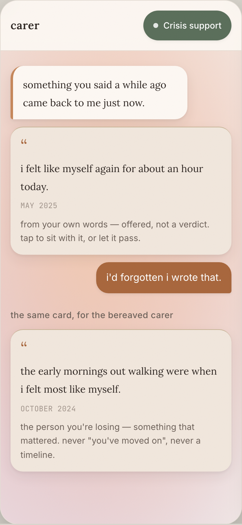 CARER inline memory card: your words from months ago, surfaced gently at the right moment