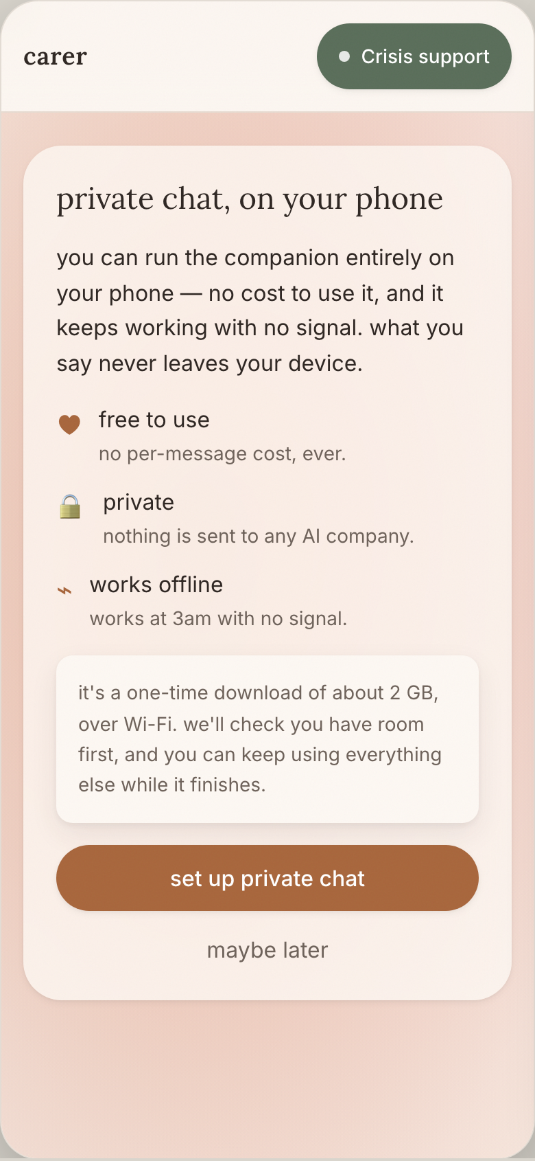 CARER on-device setup: private chat model downloads once, runs entirely on your phone